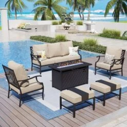 Captiva Designs 6pc Metal Patio Outdoor Conversation Fire Pit Set With Grid-back Armchairs And Ottomans For Garden, Poolside, Backyard 21 Captiva Designs 6pc Metal Patio Outdoor Conversation Fire Pit Set With Grid-back Armchairs And Ottomans For Garden, Poolside, Backyard -Furniture GUEST 2b7ee906 6ba6 4f85 884a 1afca4781046