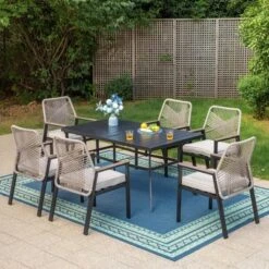 Captiva Designs 7pc Patio Dining Rectangle Steel Table And Fixed Wicker Chairs With Thick Cushions -Furniture GUEST 2c2a836b c673 415d b4ec b4c64377c941