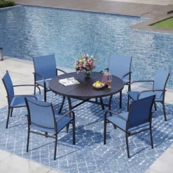Captiva Designs 7pc Black Round Slatted Steel Table With Umbrella Hole & Textilene Chairs -Furniture GUEST 2c6b2c0f e114 44b7 b82d 6424d5f834cb
