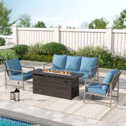 Captiva Designs Coastal 4pc Patio Steel And Rattan Fire Pit Set With Cushions -Furniture GUEST 2e2e62cb a875 4d99 8c75 51cc405c3dfa