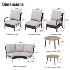 Captiva Designs 8pc Outdoor Half-Moon Sectional Patio Conversation Sets With 2 Round Table For Garden, Poolside, Balcony, Backyard