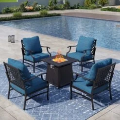Captiva Designs 5pc Metal Patio Outdoor Conversation Fire Pit Set With Grid-back Armchairs For Garden, Poolside, Backyard -Furniture GUEST 311f4587 5497 4fbb b688 118ab030af22