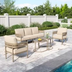 Captiva Designs 4 Pieces Outdoor Patio Wood-Like Furniture Conversation Set With Ultra Thick Cushion And Nesting Coffee Table -Furniture GUEST 31291cfa 44a2 4cf8 a866 e7b0613b5952