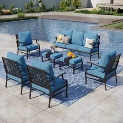 Captiva Designs 7pc Metal Patio Outdoor Conversation Set With Grid-back Armchairs, Ottomans For Garden, Poolside, Backyard -Furniture GUEST 31661d66 d106 4fb6 8299 e9432f80bce3