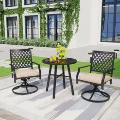 Captiva Designs 3pc Outdoor Patio Slatted Tabletop Round Dining Table & Metal Chairs -Furniture GUEST 316c20ec 0de1 409f 814f d3dea5fe53e1