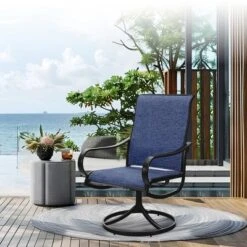 Captiva Designs 7pc Black Round Slatted Steel Table With Umbrella Hole & Textilene Swivel Chairs -Furniture GUEST 323fbb32 cc90 4c8e 8e23 010068e8ce52