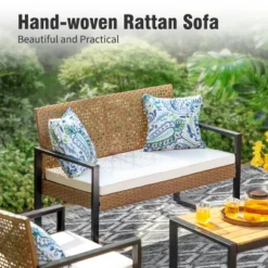 Captiva Designs Outdoor Patio 4 Pieces Wicker Porch Furniture Small Rattan Couch Set With Wood Table For Backyard