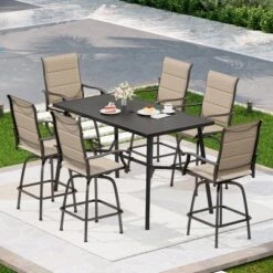 Captiva Designs 7pc Slatted Top Rectangle Metal Bar Table With X-Shaped Cross Bracket & Sling Swivel Bar Stools -Furniture GUEST 33ef217f 1731 4ed6 a2bf 37f6ecd07f3c