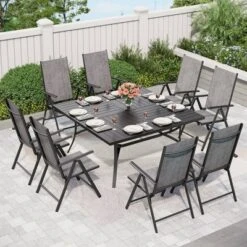 Captiva Designs 9pc Spacious Slat Top Square Metal Table With Umbrella Hole & 8 Reclining Foldable Chairs Outdoor Patio Dining Set -Furniture GUEST 34f8accd 3461 4e1c 899d b1404b74e420