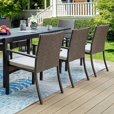 9pc Outdoor Dining Set With Extendable Table & Rattan Wicker Chairs - Beige - Captiva Designs 7 9pc Outdoor Dining Set With Extendable Table & Rattan Wicker Chairs - Beige - Captiva Designs - Image 5