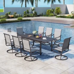 Captiva Designs 9pc Patio Dining Set With Slat-top Adjustable Steel Rectangle Table & Textilene Swivel Chairs -Furniture GUEST 3605fcd4 50dc 4db6 ab80 ac4d91a660de