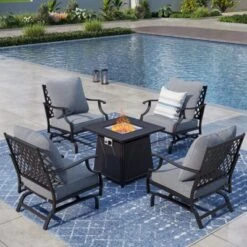 Captiva Designs 5pc Metal Patio Outdoor Conversation Fire Pit Set With Rocking Grid-back Armchairs For Garden, Poolside, Backyard -Furniture GUEST 360dcad3 dea8 49a5 b534 71133d9d55a6
