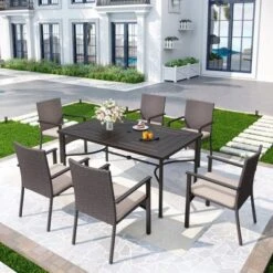 Captiva Designs 7pc Outdoor Patio Black Steel Dining Table With Umbrella Hole & Cushioned Armrest Rattan Chairs -Furniture GUEST 3632641e 652b 4777 9180 72fe7fd2c309