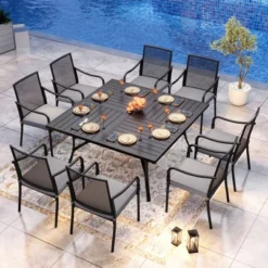 Captiva Designs 9pc Patio Dining Set With Spacious Slat-top Square Metal Table & Steel Frame Chairs -Furniture GUEST 3724566f a40f 4b87 9684 a70e4e074391