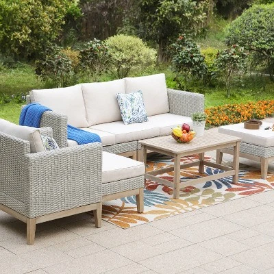 Captiva Designs 5pc Outdoor Wicker Rattan Conversation Set Beige: UV-Resistant, Includes Sofa & Ottomans 3 Captiva Designs 5pc Outdoor Wicker Rattan Conversation Set Beige: UV-Resistant, Includes Sofa & Ottomans