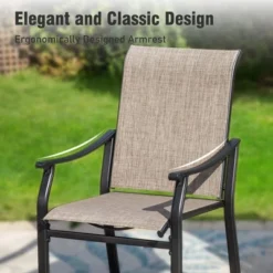 Captiva Designs 7pc Patio Outdoor Dining Rectangle Steel Table With Umbrella Hole & Brown Textilene Arm Chairs