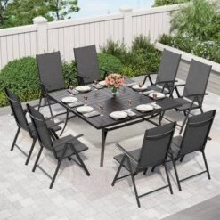 Captiva Designs 9pc Spacious Slat Top Square Metal Table With Umbrella Hole & 8 Reclining Foldable Chairs Outdoor Patio Dining Set -Furniture GUEST 390b1a98 f537 4f63 a4ba 63a897af6ec9