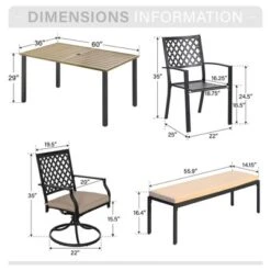 Captiva Designs 6pc Patio Wood-look Slatt-top Steel Table & Metal Chairs & Cushioned Bench -Furniture GUEST 398e3322 9ab0 4dcd 822b 4c5a4ba36c8b