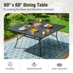 Captiva Designs 9pc Spacious Slat-top Square Metal Table With Umbrella Hole & Armrest Rattan Chairs With Cushions -Furniture GUEST 3b26f081 aaa8 4a82 a863 ed030a90d995