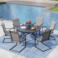 Captiva Designs 7pc Black Slatted Round Steel Table With Umbrella Hole & Grayish Brown Textilene Chairs -Furniture GUEST 3c2230b0 6e55 4f54 a37c d4aa178dd529
