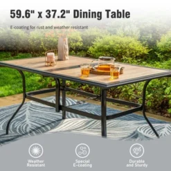 Captiva Designs 1Pc Outdoor Wood-look Rectangle Steel Frame Dining Table With Umbrella Hole