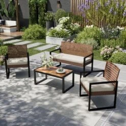 Captiva Designs 4pc Outdoor Patio Wicker Rattan Cushioned Conversation Set With Armchairs And Coffee Table