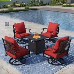 Captiva Designs 5pc Metal Patio Outdoor Conversation Fire Pit Set With Swivel Grid-back Armchairs For Garden, Poolside, Backyard -Furniture GUEST 3d18eee5 631e 4d92 b2d9 3ef54e98558a