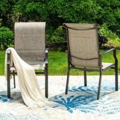 7pc Patio Dining Set With Wood Grain Tabletop & Metal Padded Arm Chairs - Captiva Designs -Furniture GUEST 3d5bdf53 f9cf 408c a654 1151dd3b9f32