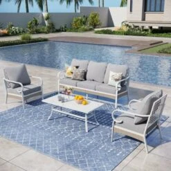 Captiva Designs 4pc Extra Large Metal And Rattan Outdoor Patio Conversation Set With Grid-back Armchairs And Table -Furniture GUEST 3d9f5cd4 9de7 4c09 a840 ffea9c35e8d2