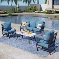 Captiva Designs 4pc Patio Outdoor Conversation Set With Rocking Grid-back Chairs For Garden, Poolside, Backyard -Furniture GUEST 4232a52c 2403 48fa b14f 47a27dcefd80