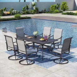 Captiva Designs 7pc Patio Dining Slat-top Rectangle Table & Textilene 360 Degree Swivel Chairs -Furniture GUEST 425faf00 886a 425f a894 14a29ab4e4d8