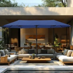 Captiva Designs 8pc Patio Dining Set With Rectangular Steel Table & Black Steel Chairs & Blue Umbrella -Furniture GUEST 4288974c caea 45d5 96da ba7101b8b37d 1