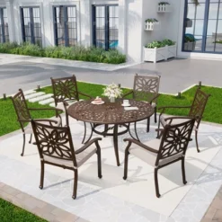 Captiva Designs 7PC Cast Aluminum Patio Dining Set With Round Table & Flower Back Chairs -Furniture GUEST 429cc84b 2306 4b35 8df9 bbcd22d34161
