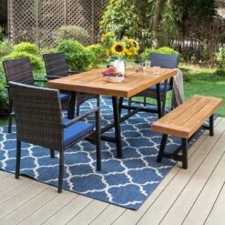 6pc Patio Dining Set With Acacia Wood Table & Bench And 4 PE Rattan Chairs - Captiva Designs -Furniture GUEST 4364b1d7 712a 47c0 9a01 7a6b9b1dc85f