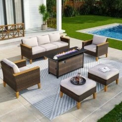 Captiva Designs 8pc Wicker Outdoor Patio Rattan Sectional Conversation Set With Fire Pit Table And Cushioned Ottoman -Furniture GUEST 44053483 4745 47c7 8b1f 5b9e2bd275d2