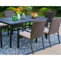 7pc Outdoor Dining Set With Rectangular Steel Table With 1.9" Umbrella Hole & Rattan Wicker Chairs With Cushions - Beige - Captiva Designs -Furniture GUEST 44c88eb2 87e7 427f b537 9a9c40805bbf