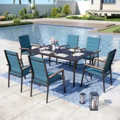 Captiva Designs 7pc Patio Dining Set With Geometric Pattern Rectangle Table & Sling Chairs With Wood-look Armrest -Furniture GUEST 462f3bfd 0a72 469a b07c 1e7047300b5d