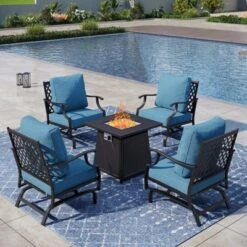 Captiva Designs 5pc Metal Patio Outdoor Conversation Fire Pit Set With Rocking Grid-back Armchairs For Garden, Poolside, Backyard -Furniture GUEST 463b130c 8c2b 4563 b272 b86649f673bd