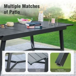 Captiva Designs 9pc Patio Slat-top Adjustable Steel Rectangle Table & Stylish Arm Chairs With Cushions