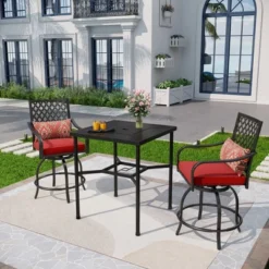 Captiva Designs 3pc Outdoor Patio Geometry Square Steel Bar Table & High Bar Swivel Stools -Furniture GUEST 47ff595b 3176 4b9d 96e8 42a50318451a