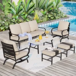 Captiva Designs 6pc Metal Patio Furniture Conversation Set With Rocking Chairs And Ottomans For Garden Porch Backyard -Furniture GUEST 48e4e15a cb40 4481 a4d7 d2976a50ea54