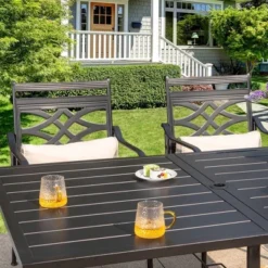 7pc Outdoor Dining Set With Chairs With Seat & Back Cushions & Metal Table With Umbrella Hole -Furniture GUEST 4aaa257d 50e9 4a1c a689 4c18f0adf83c