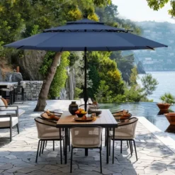 Captiva Designs 6pc Patio Slat-top Square Steel Dining Table & Sling Swivel Chairs & Navy Blue Umbrella -Furniture GUEST 4be6dc63 8e07 4c5a 8818 c502564cf7b2