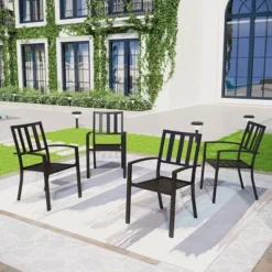7pc Patio Dining Set, Rectangle Steel Table With Umbrella Hole, Stackable Stripe Pattern Arm Chairs - Black - Captiva Designs 11 7pc Patio Dining Set, Rectangle Steel Table With Umbrella Hole, Stackable Stripe Pattern Arm Chairs - Black - Captiva Designs -Furniture GUEST 4c175fa5 4176 41b5 a021 99124ca6a020