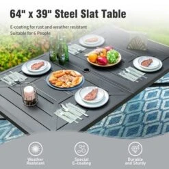 Captiva Designs 7pc Outdoor Patio Black Steel Dining Table With Umbrella Hole & Cushioned Armrest Rattan Chairs -Furniture GUEST 4cdd8f16 60de 416c 8b8f 6a623cf470db 1