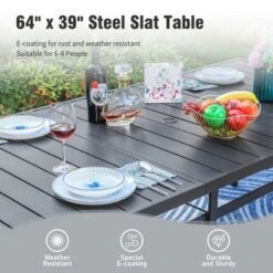 Captiva Designs 9pc Patio Spacious Black Steel Dining Table & High Back Padded Grayish Brown Sling Armrest Chairs -Furniture GUEST 4e73bc43 a281 4094 9bcb 525b731b9790 3