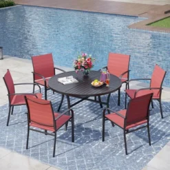 Captiva Designs 7pc Black Round Slatted Steel Table With Umbrella Hole & Textilene Chairs -Furniture GUEST 500e4329 8fd9 43b3 bd5d ee56ae57035b