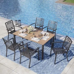 Captiva Designs 7pc Patio Wood-look Slatted Top Steel Table With Umbrella Hole & Metal Armrest Chairs -Furniture GUEST 50863c90 6833 4967 8f69 95a16e21c653