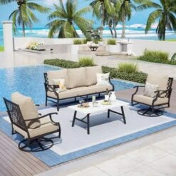 Captiva Designs 4pc Patio Outdoor Conversation Set With Swivel Grid-back Chairs For Garden, Poolside, Backyard -Furniture GUEST 50b90be0 c99d 45c5 a4d1 5e1190d9f942
