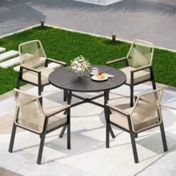 Captiva Designs 5pc Patio Slat-top Round Metal Dining Table And Thick Cushion Fixed Wicker Chairs -Furniture GUEST 510a8ca6 fa65 4e05 bec6 cdaf9ae813b4